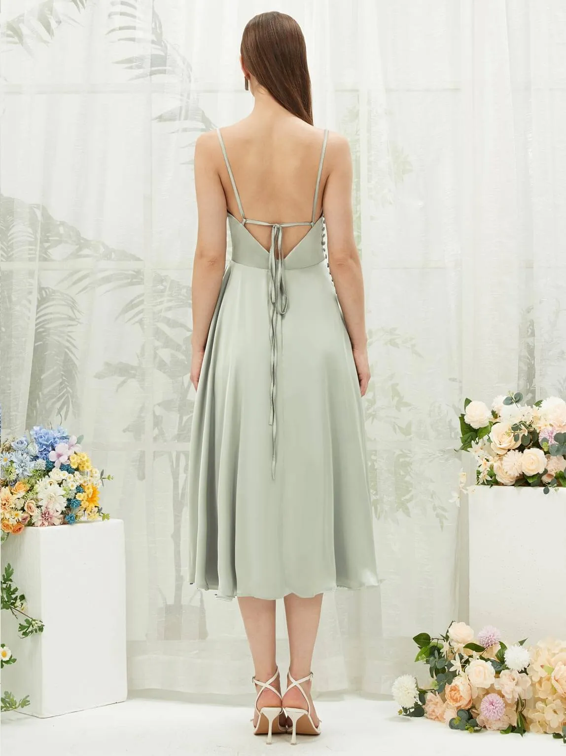 Sage Green Silk Satin Cowl Neck Spaghetti Straps Button Slit Bridesmaid Dresses