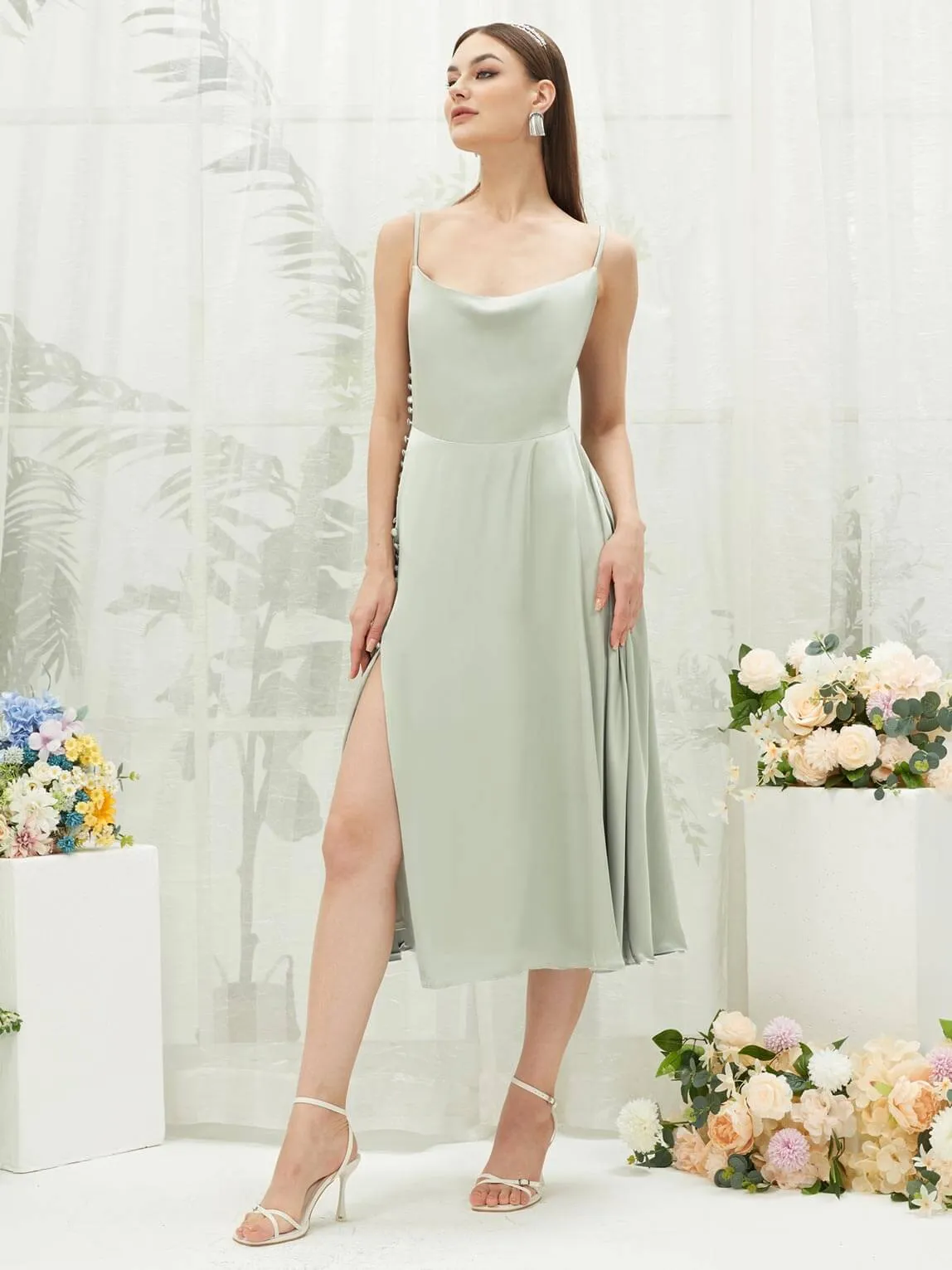 Sage Green Silk Satin Cowl Neck Spaghetti Straps Button Slit Bridesmaid Dresses