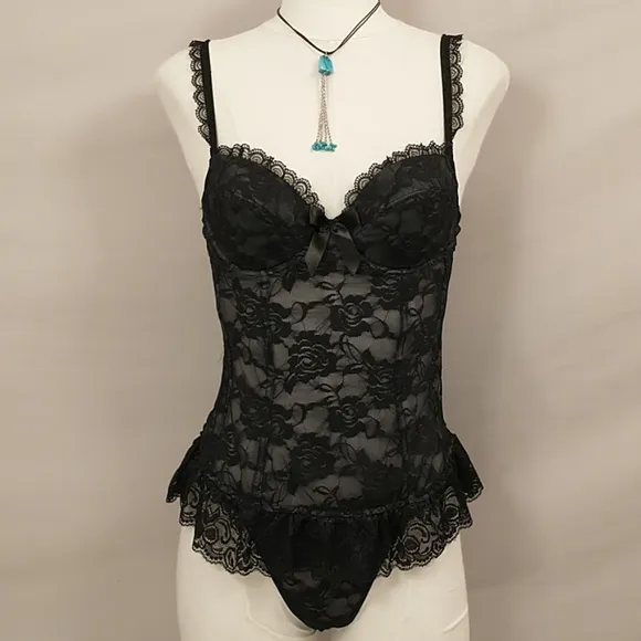 Sexy Black Lace Lingerie Bustier Corset w Thong