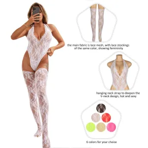 Sexy Lace Sleeveless See-Through Backless Deep V-Neck Bodysuit Egypt With Stocking
