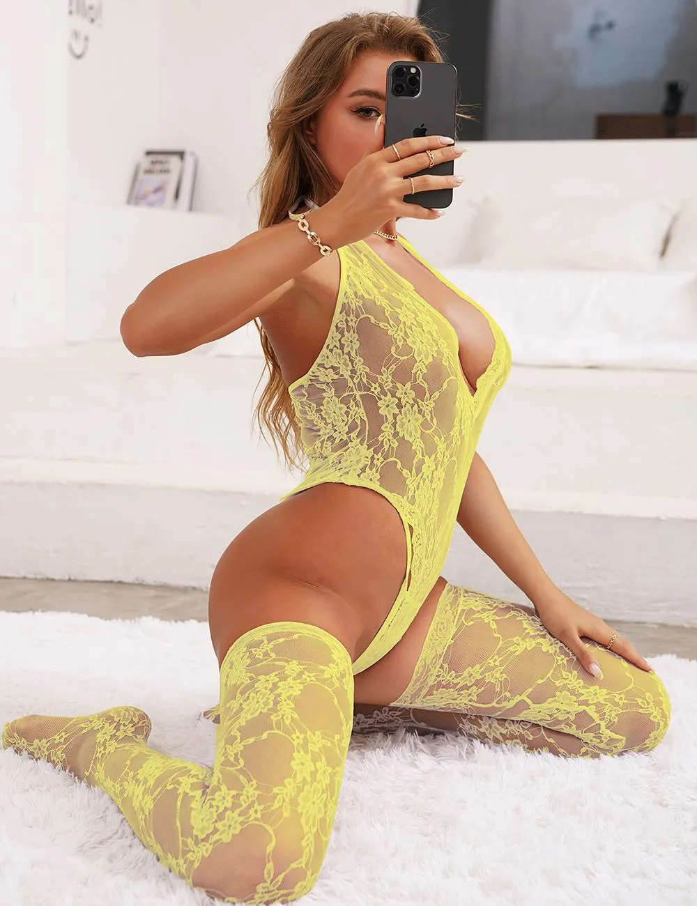 Sexy Lace Sleeveless See-Through Backless Deep V-Neck Bodysuit Egypt With Stocking