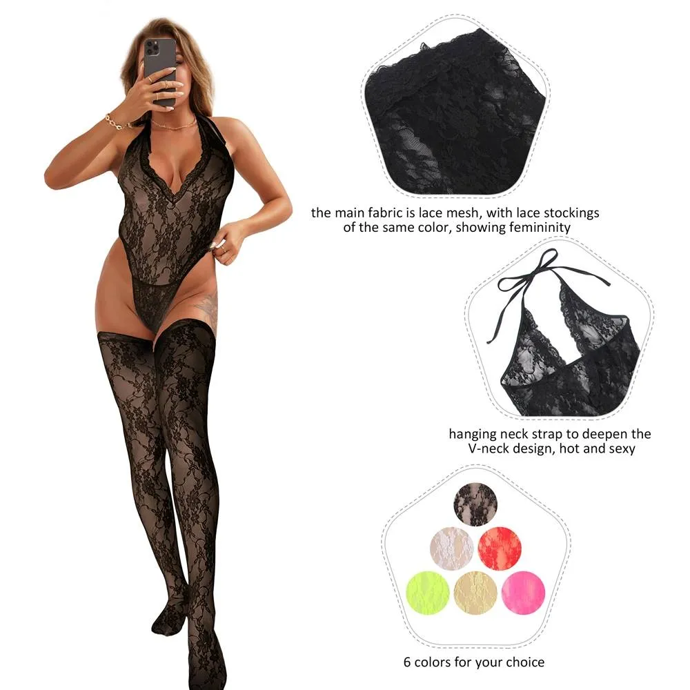 Sexy Lace Sleeveless See-Through Backless Deep V-Neck Bodysuit Egypt With Stocking