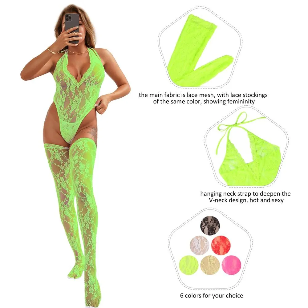 Sexy Lace Sleeveless See-Through Backless Deep V-Neck Bodysuit Egypt With Stocking