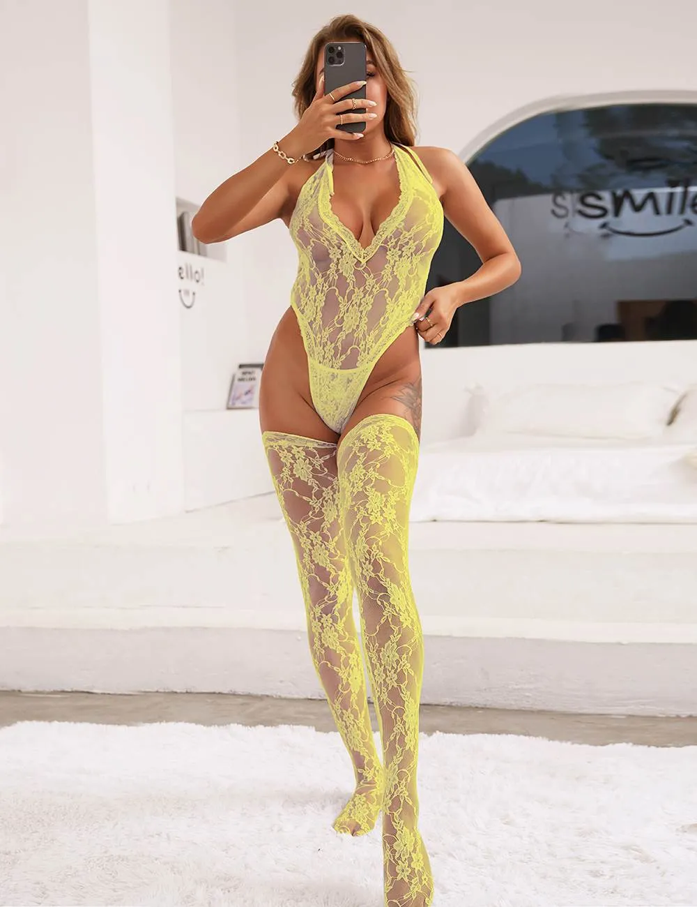 Sexy Lace Sleeveless See-Through Backless Deep V-Neck Bodysuit Egypt With Stocking