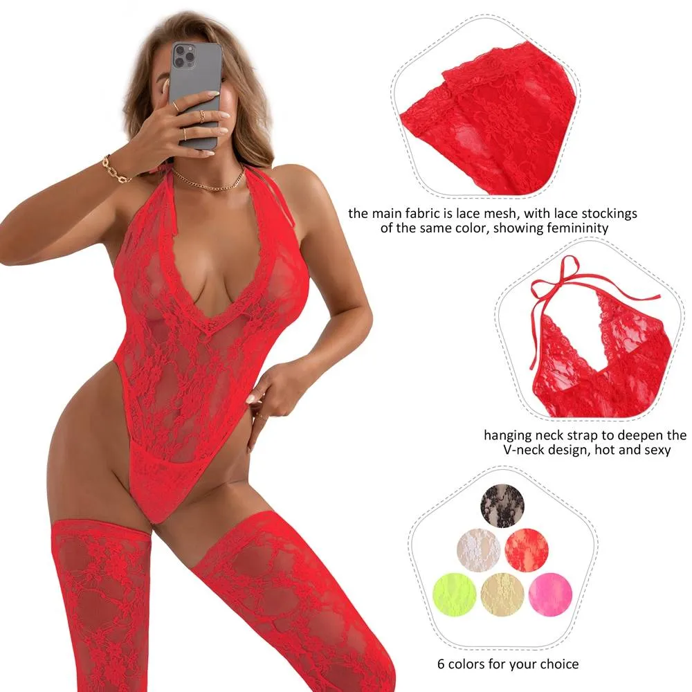 Sexy Lace Sleeveless See-Through Backless Deep V-Neck Bodysuit Egypt With Stocking