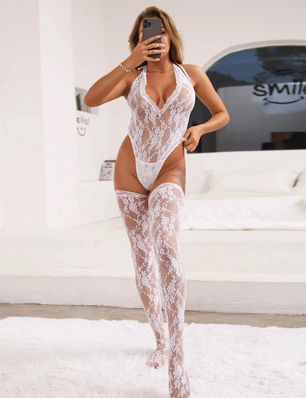 Sexy Lace Sleeveless See-Through Backless Deep V-Neck Bodysuit Egypt With Stocking