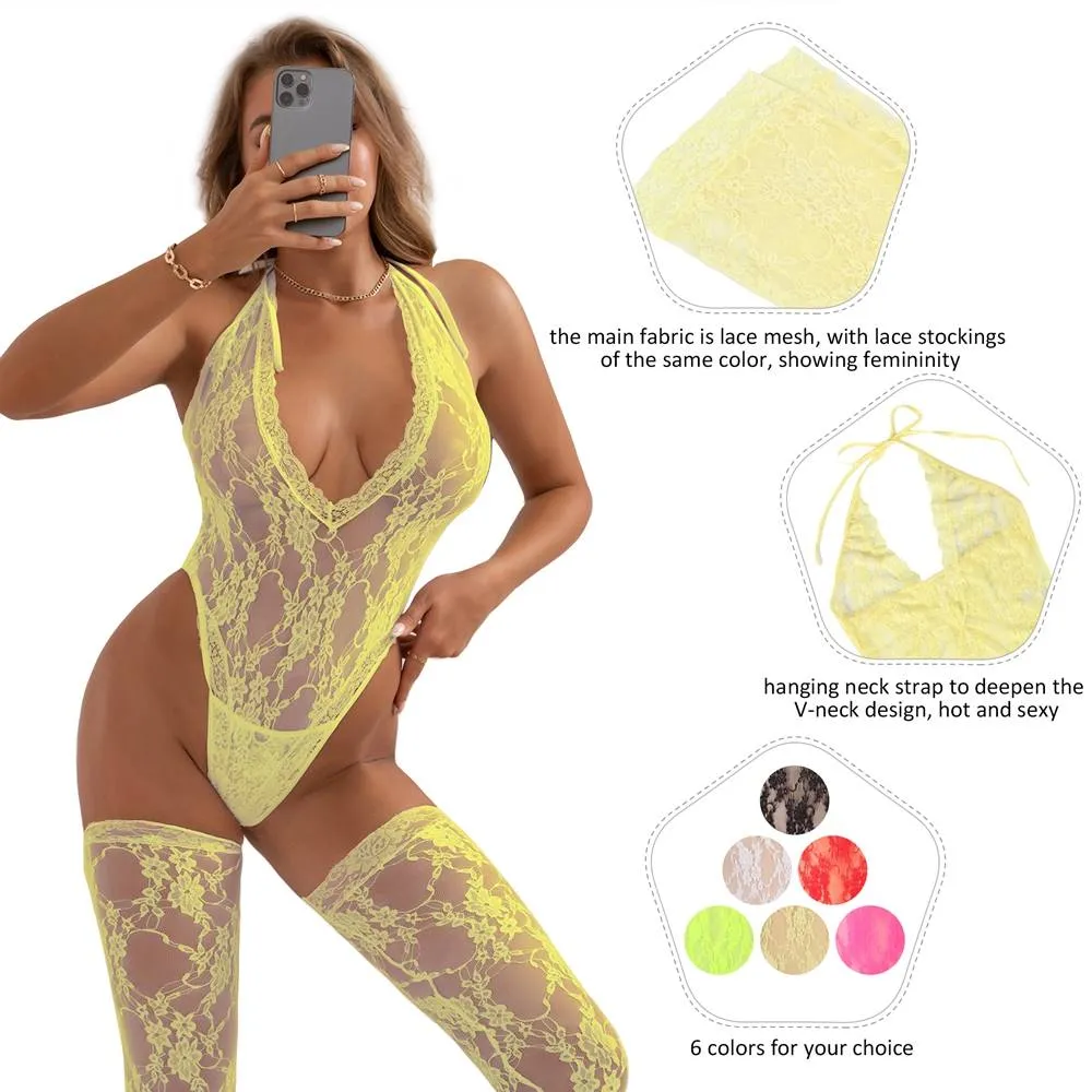 Sexy Lace Sleeveless See-Through Backless Deep V-Neck Bodysuit Egypt With Stocking
