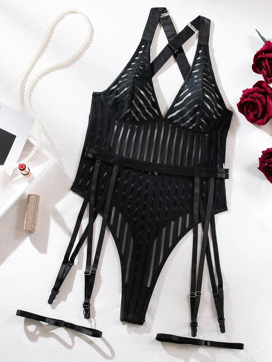 Sexy Striped Cross Strap Black Teddy MSL036