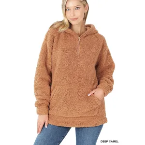 Sherpa Pullover Hooded ZipUp Jacket in Deep Camel