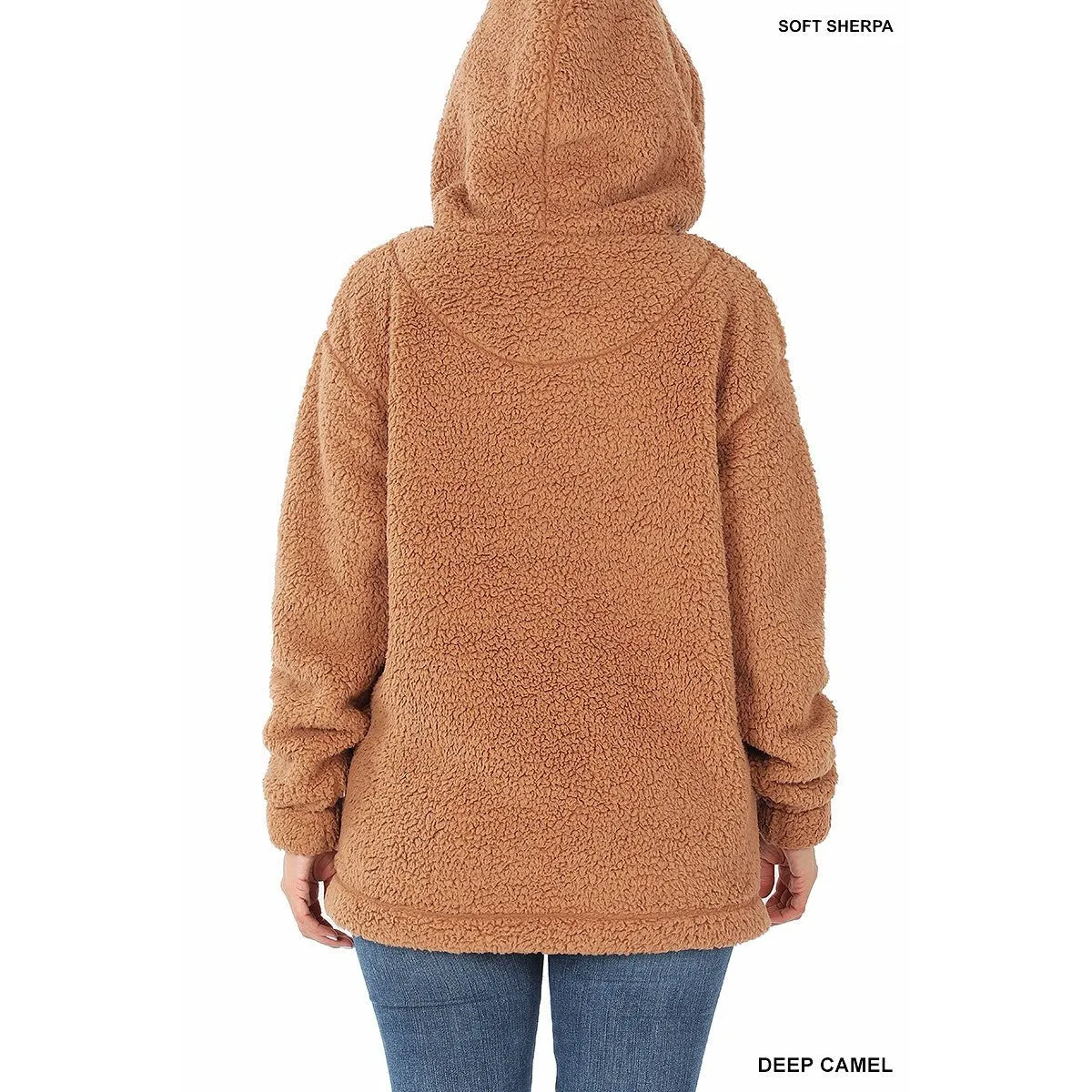 Sherpa Pullover Hooded ZipUp Jacket in Deep Camel