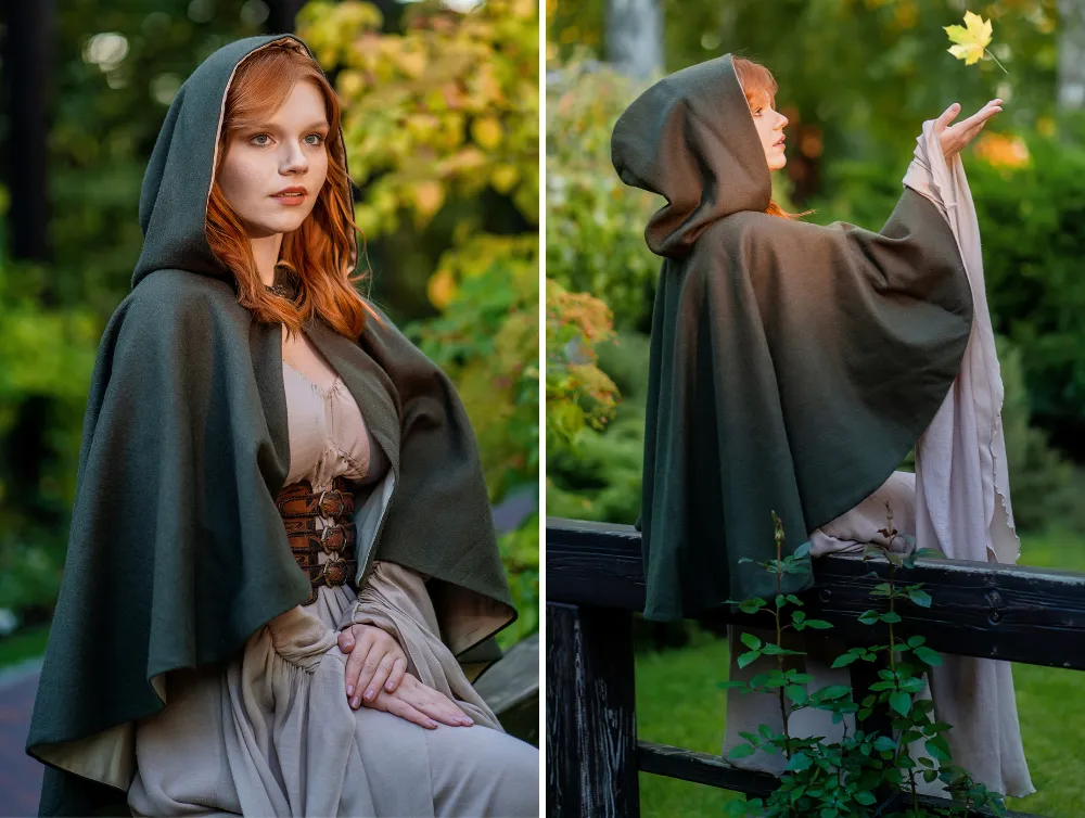 Short Fantasy Wool Hooded Cloak