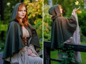 Short Fantasy Wool Hooded Cloak