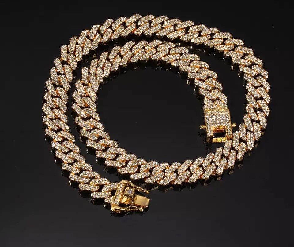 Silver  cuban chain necklace, blinged iced cuban necklace , Micro Paved 12mm S-Link Miami Cuban Necklaces Hiphop Men and women Iced necklace