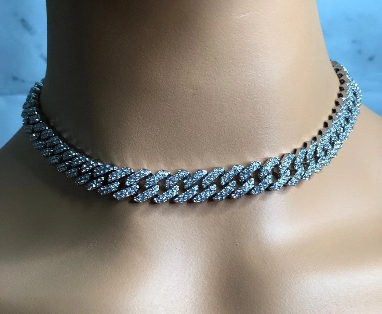 Silver  cuban chain necklace, blinged iced cuban necklace , Micro Paved 12mm S-Link Miami Cuban Necklaces Hiphop Men and women Iced necklace