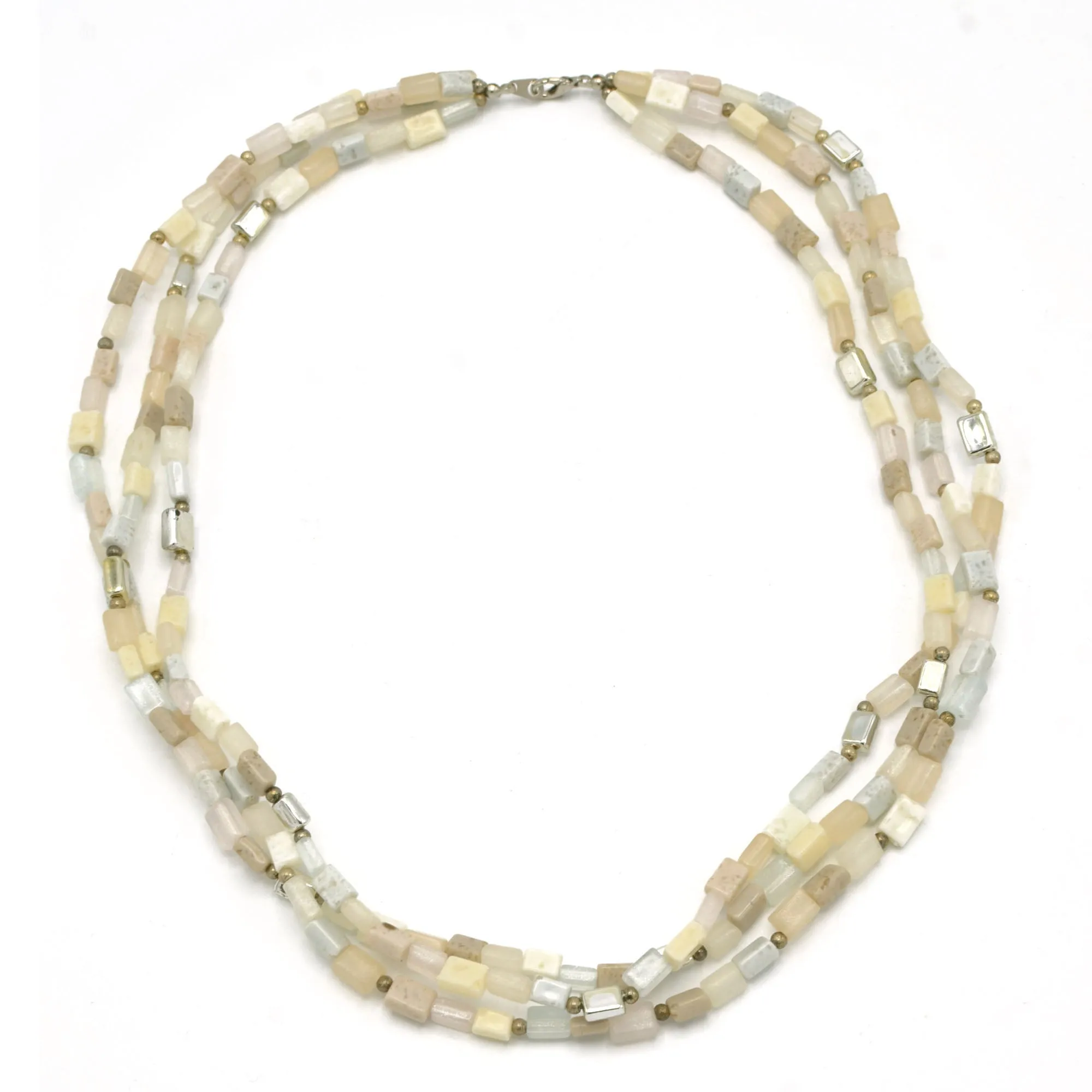 SILVER  WHITE CREAM AND GRAY RECTANGLE BEADS LAYER NECKLACE #FW-N127SW(15FL&28W-B)