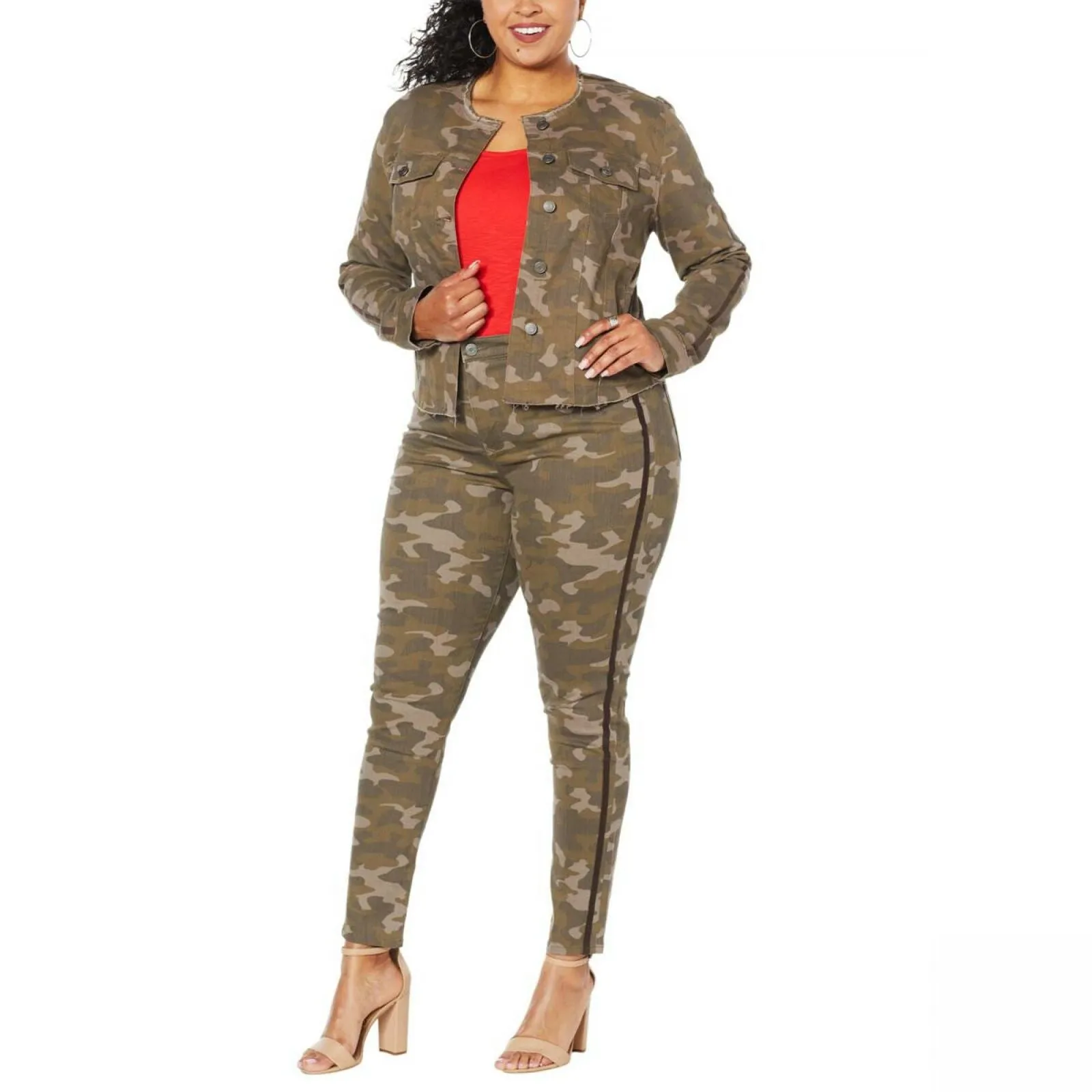 Skinnygirl Women's Plus Size Collarless Fray Denim Jacket With Stripe