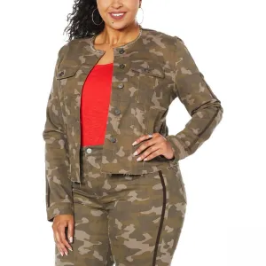 Skinnygirl Women's Plus Size Collarless Fray Denim Jacket With Stripe