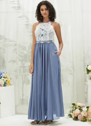 Slate Blue Lace Halter Neck Backless Chiffon Slit Bridesmaid Dress