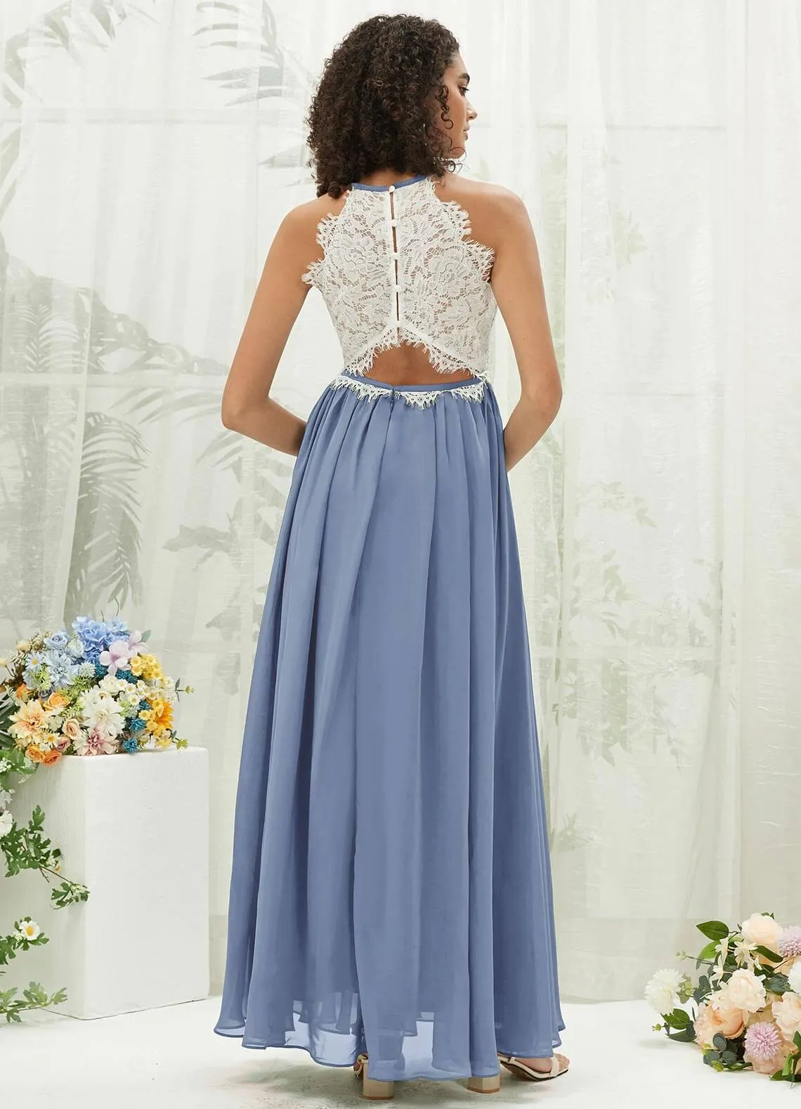 Slate Blue Lace Halter Neck Backless Chiffon Slit Bridesmaid Dress
