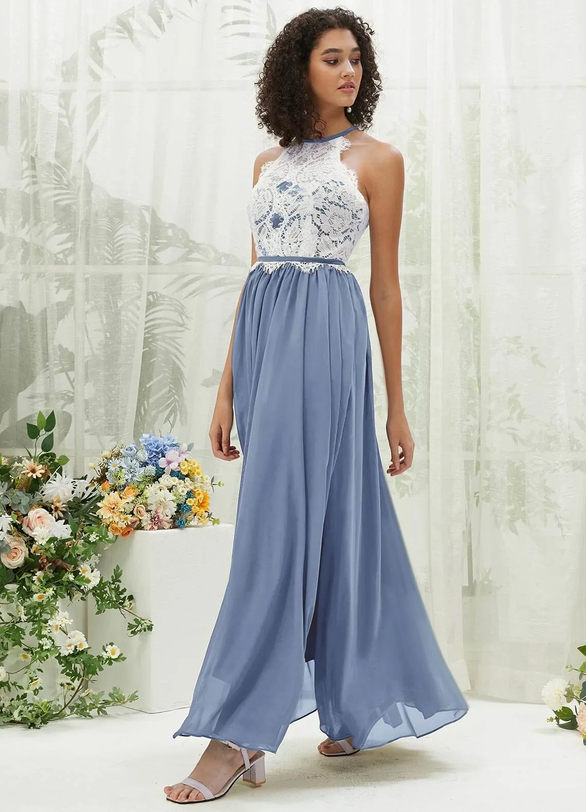 Slate Blue Lace Halter Neck Backless Chiffon Slit Bridesmaid Dress