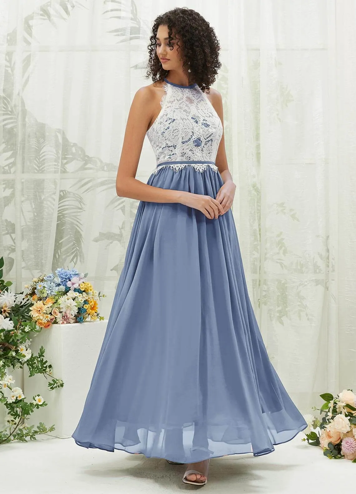 Slate Blue Lace Halter Neck Backless Chiffon Slit Bridesmaid Dress
