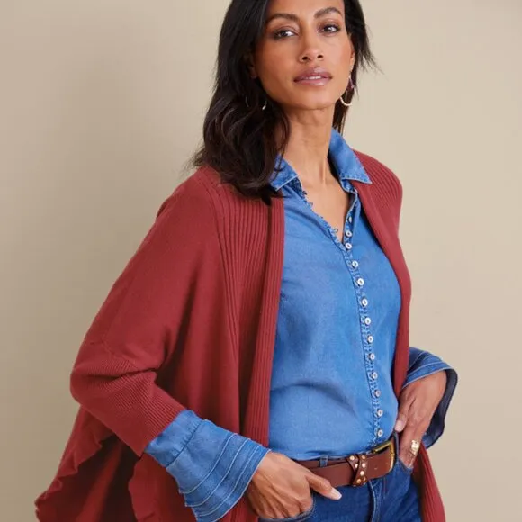 Soft Surroundings Draped Ruffle Cardigan In Cabernet Red Size S / M NWT
