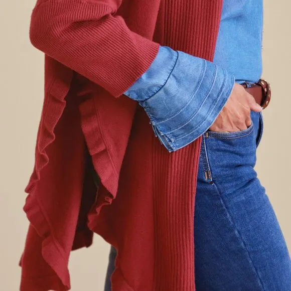 Soft Surroundings Draped Ruffle Cardigan In Cabernet Red Size S / M NWT