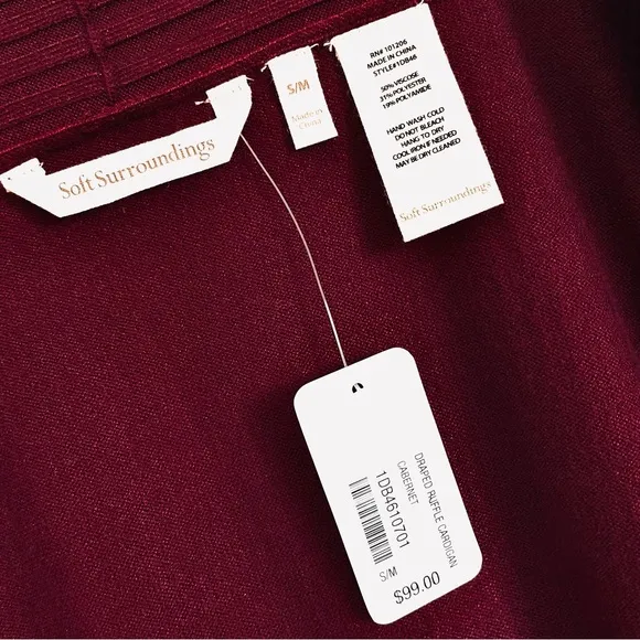 Soft Surroundings Draped Ruffle Cardigan In Cabernet Red Size S / M NWT