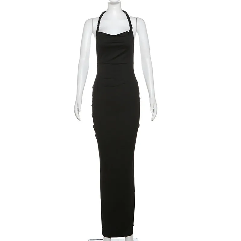 Summer Women's New Hanging Neck Backless Drawstring Long Dress Dress