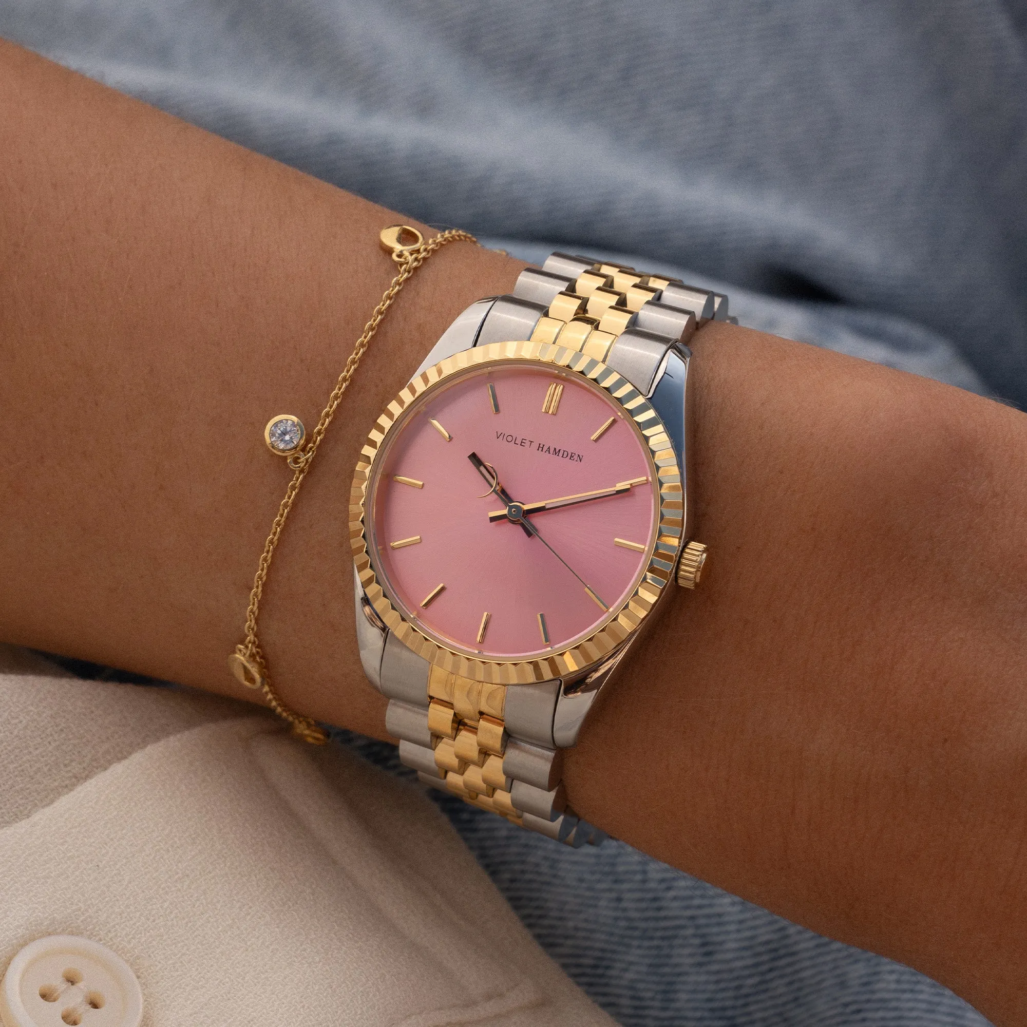 Sunrise round ladies watch gold and silver coloured en pink