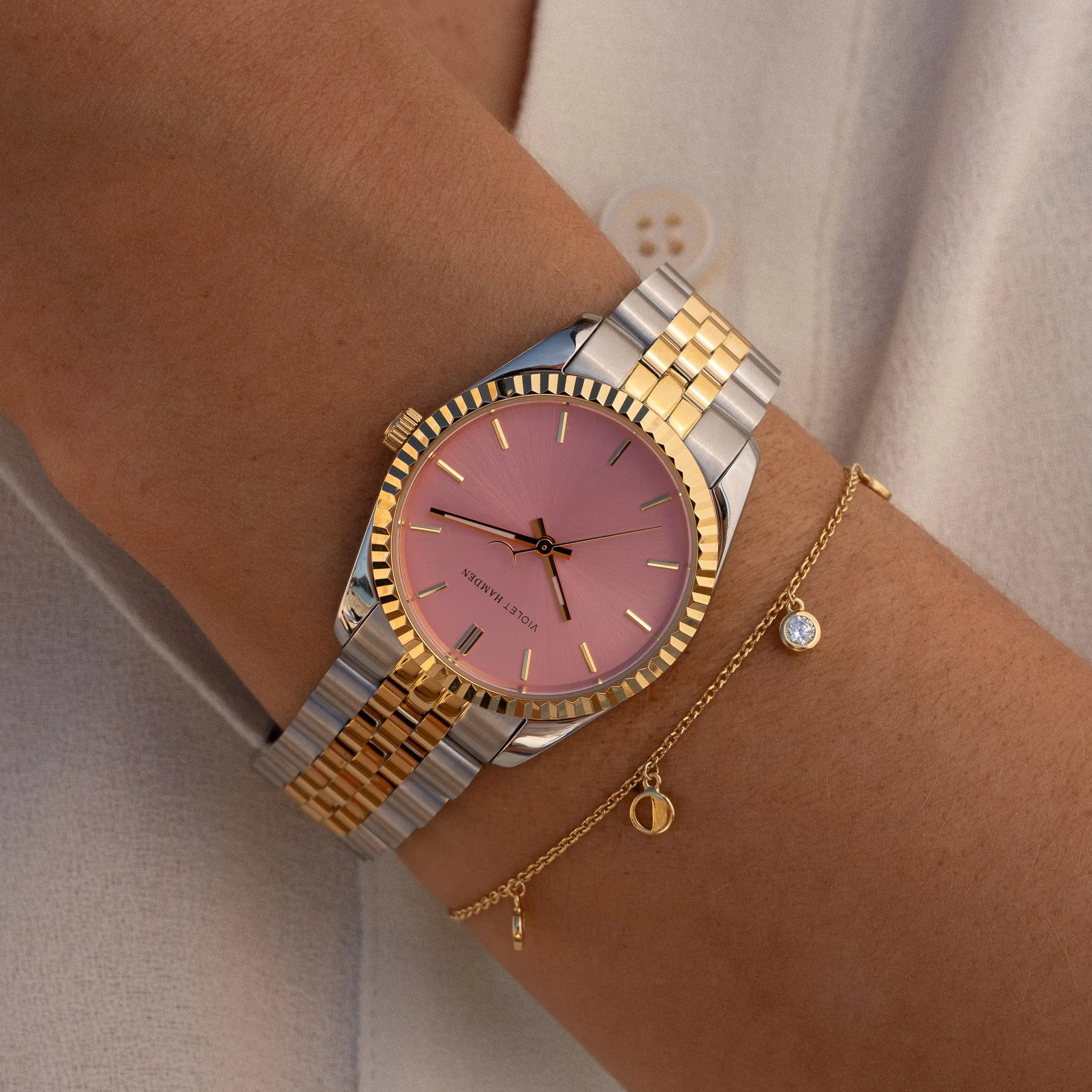 Sunrise round ladies watch gold and silver coloured en pink