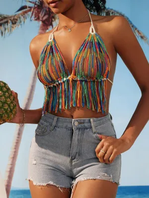 Swim Vcay Summer Beach Women’s Colorful Hollow Out Halter Neck Tie Back Cover Up Top
