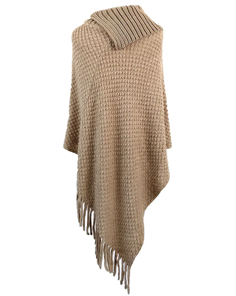 Tassel Fringed Cloak Shawl Button Collar Pullover Sweater Cape