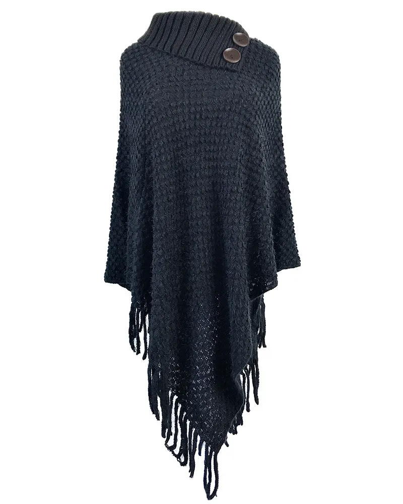 Tassel Fringed Cloak Shawl Button Collar Pullover Sweater Cape