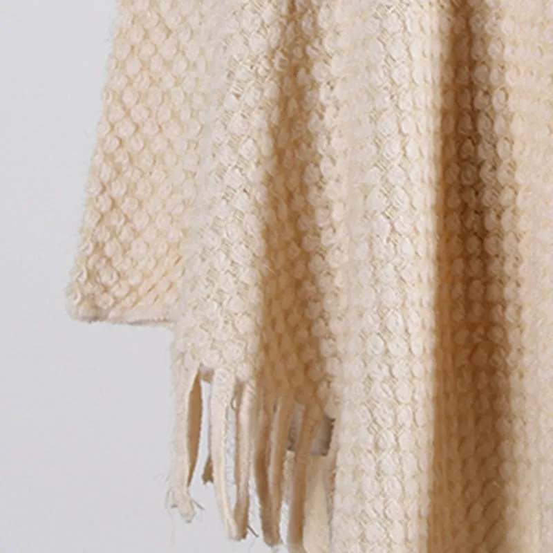 Tassel Fringed Cloak Shawl Button Collar Pullover Sweater Cape