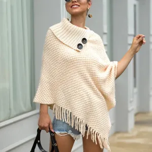 Tassel Fringed Cloak Shawl Button Collar Pullover Sweater Cape