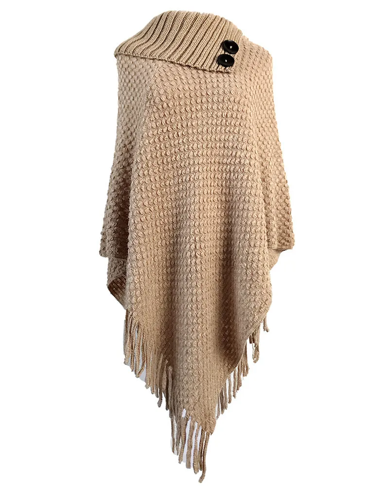 Tassel Fringed Cloak Shawl Button Collar Pullover Sweater Cape