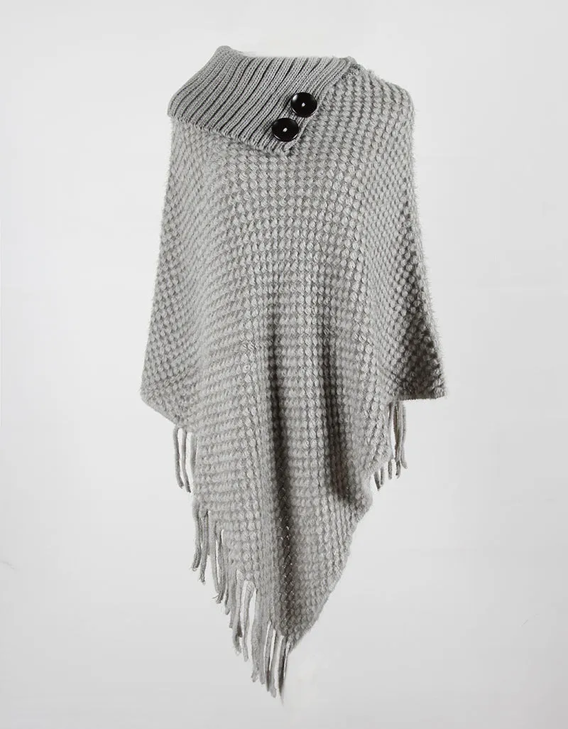 Tassel Fringed Cloak Shawl Button Collar Pullover Sweater Cape