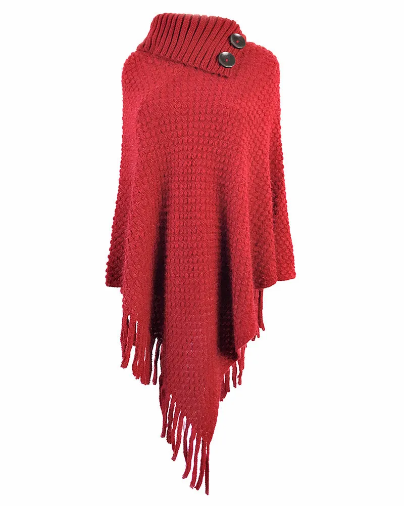 Tassel Fringed Cloak Shawl Button Collar Pullover Sweater Cape