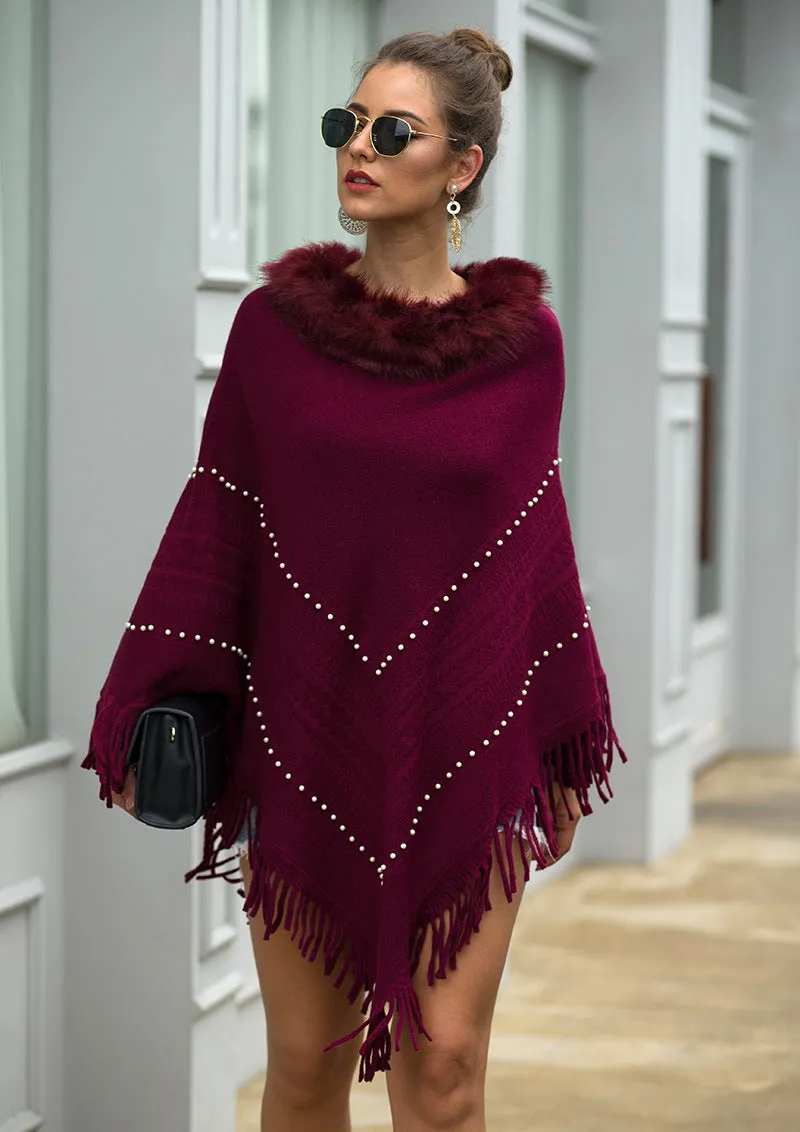 Tassel Fringed Pullover Bead Fur Collar Sweater Cloak Shawl Cape
