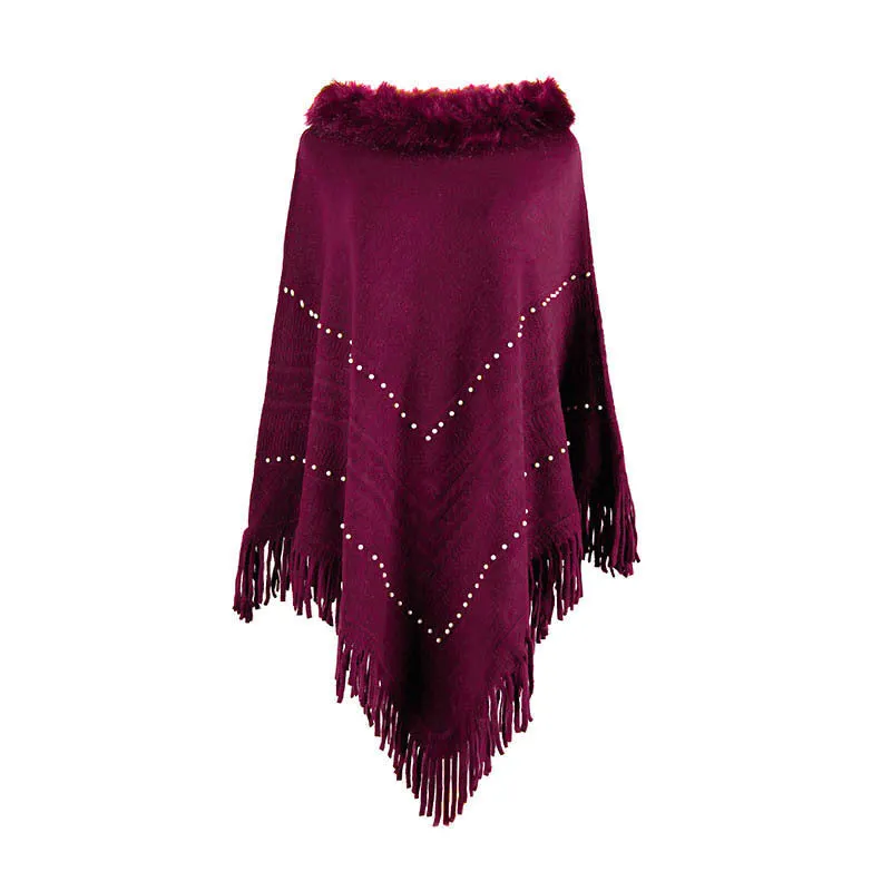 Tassel Fringed Pullover Bead Fur Collar Sweater Cloak Shawl Cape