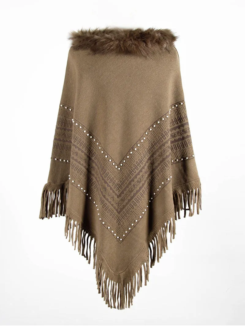 Tassel Fringed Pullover Bead Fur Collar Sweater Cloak Shawl Cape