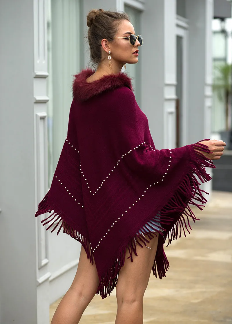 Tassel Fringed Pullover Bead Fur Collar Sweater Cloak Shawl Cape