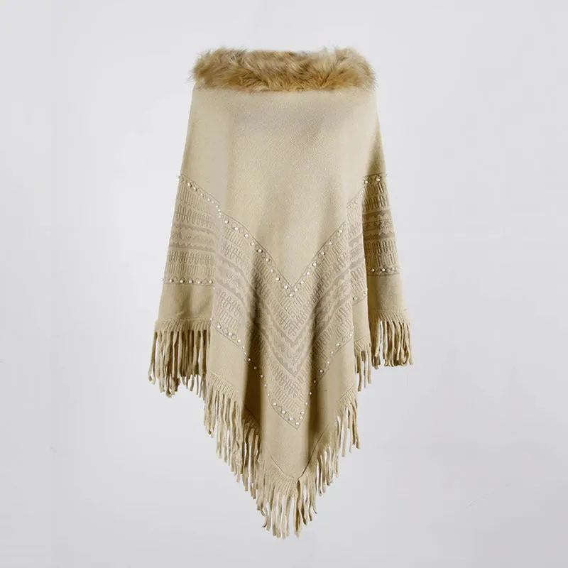 Tassel Fringed Pullover Bead Fur Collar Sweater Cloak Shawl Cape