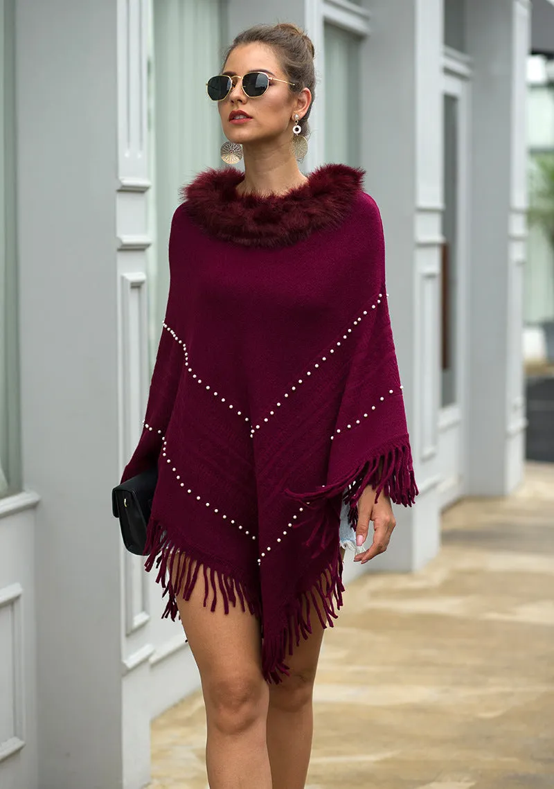 Tassel Fringed Pullover Bead Fur Collar Sweater Cloak Shawl Cape