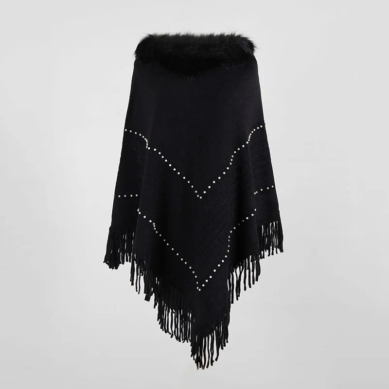 Tassel Fringed Pullover Bead Fur Collar Sweater Cloak Shawl Cape