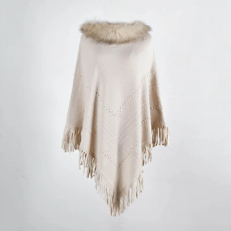 Tassel Fringed Pullover Bead Fur Collar Sweater Cloak Shawl Cape
