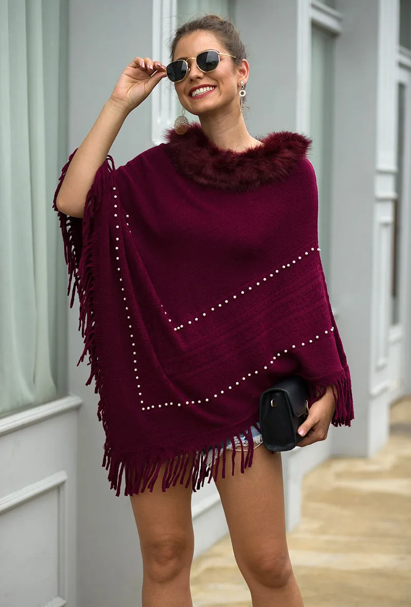 Tassel Fringed Pullover Bead Fur Collar Sweater Cloak Shawl Cape