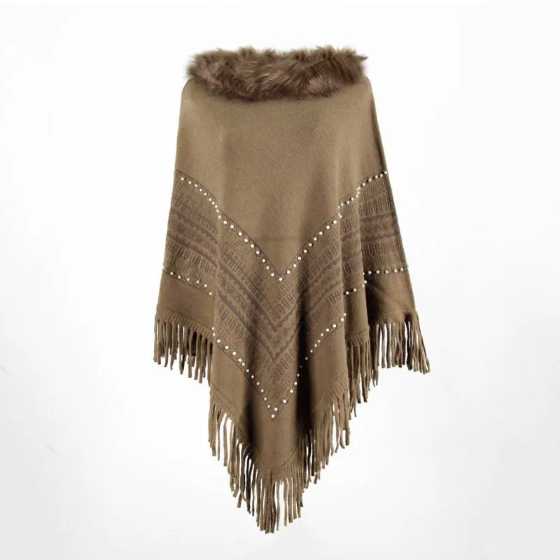 Tassel Fringed Pullover Bead Fur Collar Sweater Cloak Shawl Cape