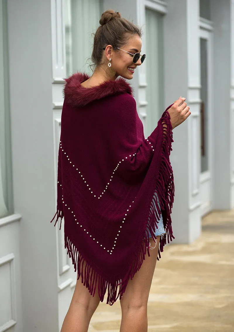 Tassel Fringed Pullover Bead Fur Collar Sweater Cloak Shawl Cape